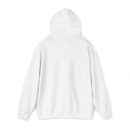 White hoodie with adjustable drawstring hood and front pouch pocket.