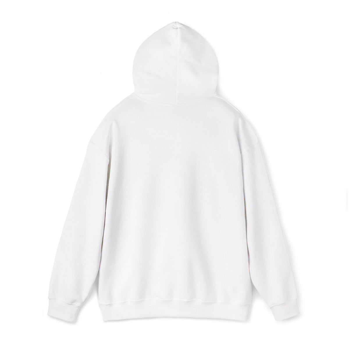 White hoodie with adjustable drawstring hood and front pouch pocket.