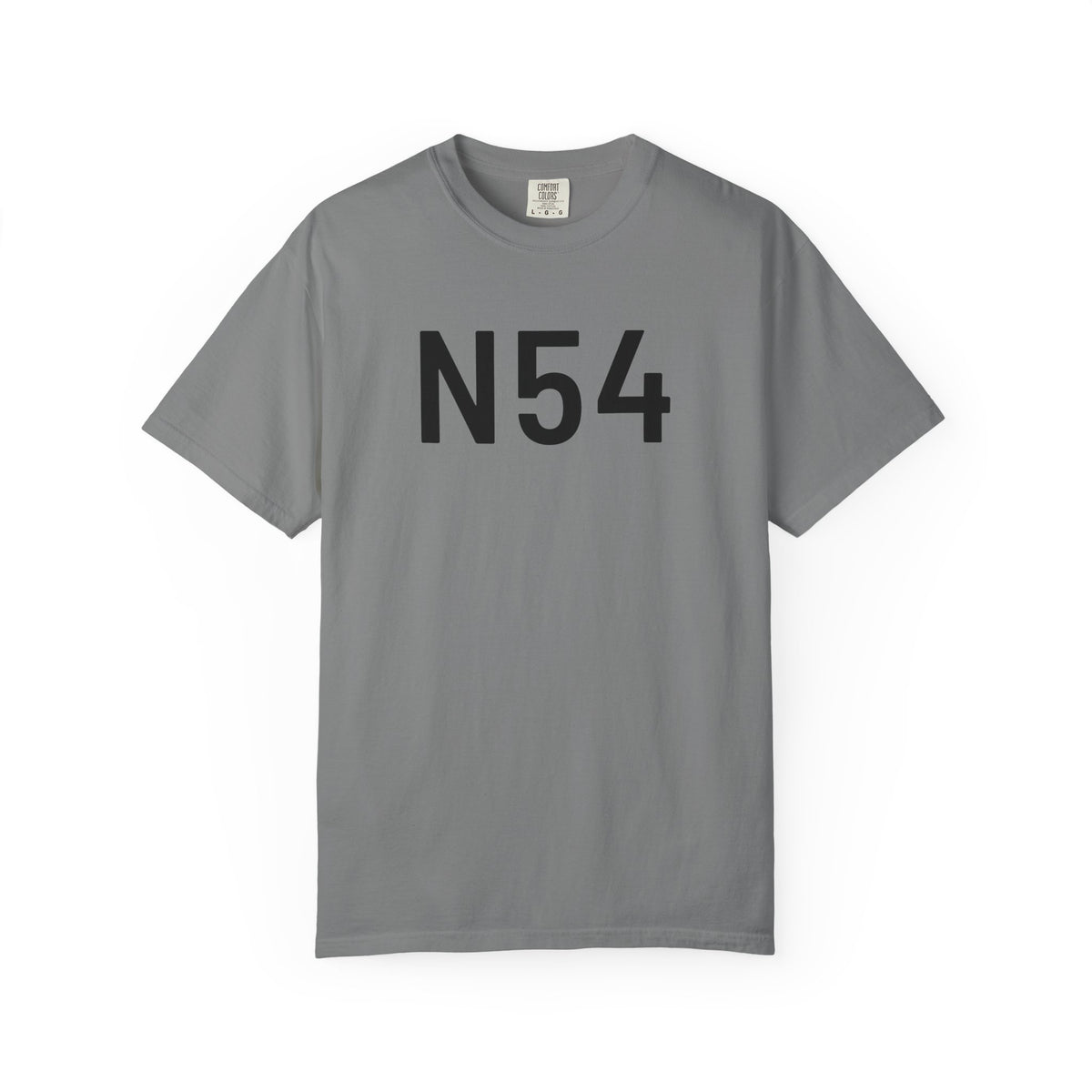 Grey crew-neck T-shirt with bold dark “N54” graphic on the front