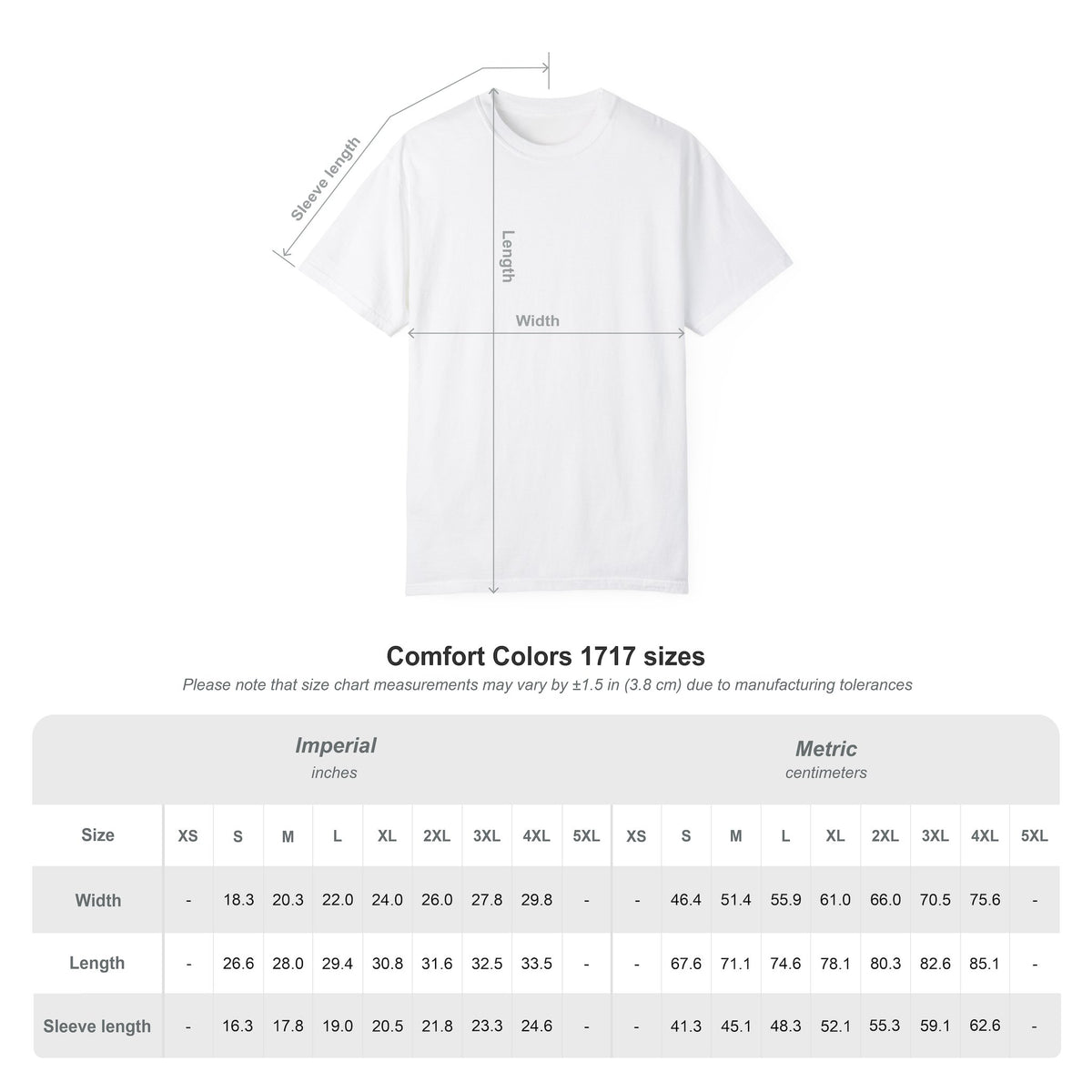 T-shirt size chart infographic with width and length measurements