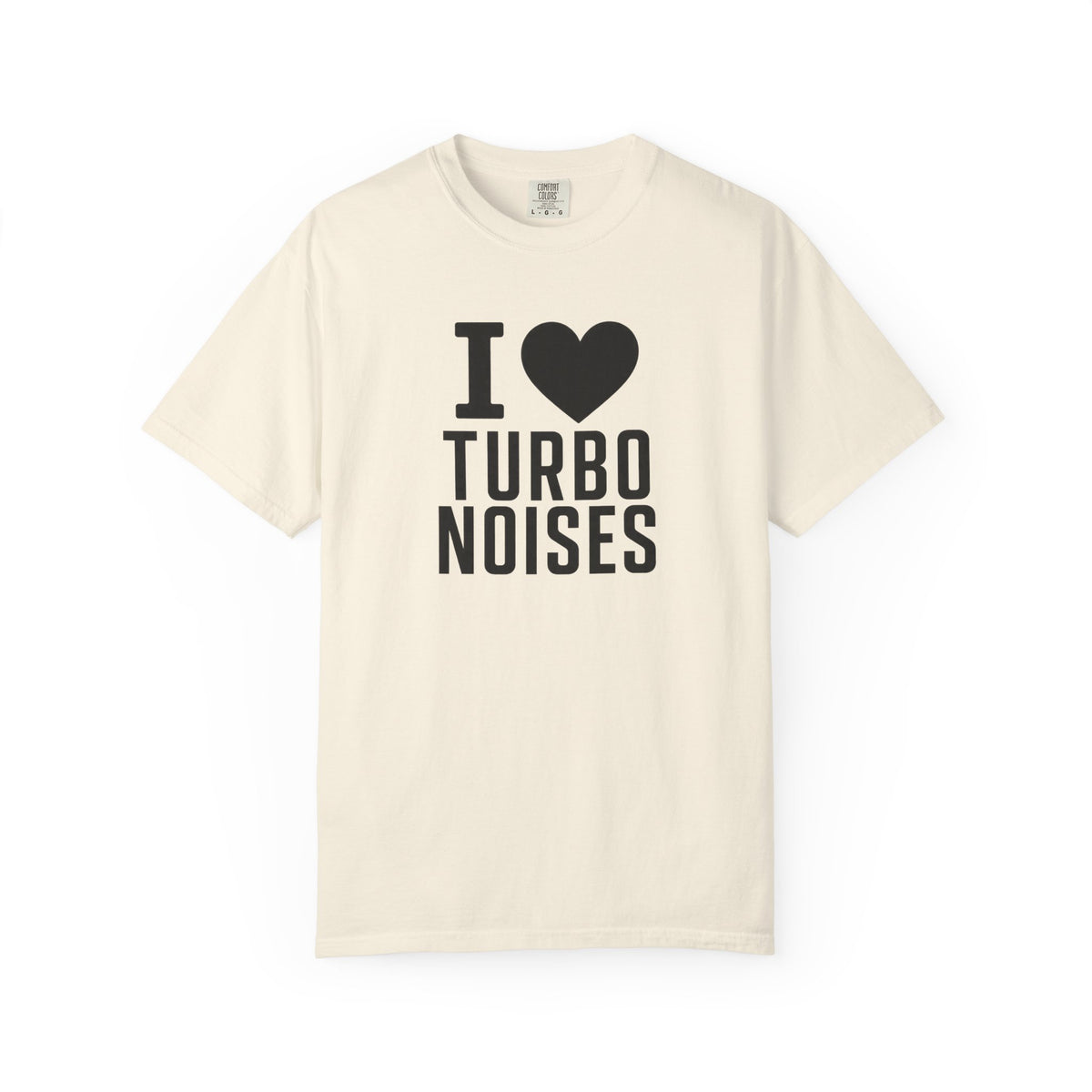 Ivory crew-neck t-shirt with "I heart Turbo Noises" front graphic
