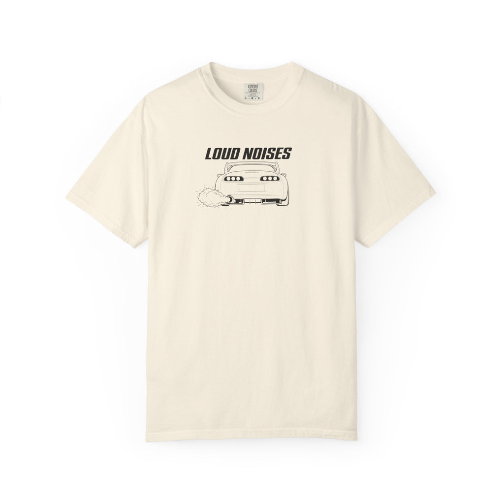 Ivory T-shirt with front 'Loud Noises' graphic illustration