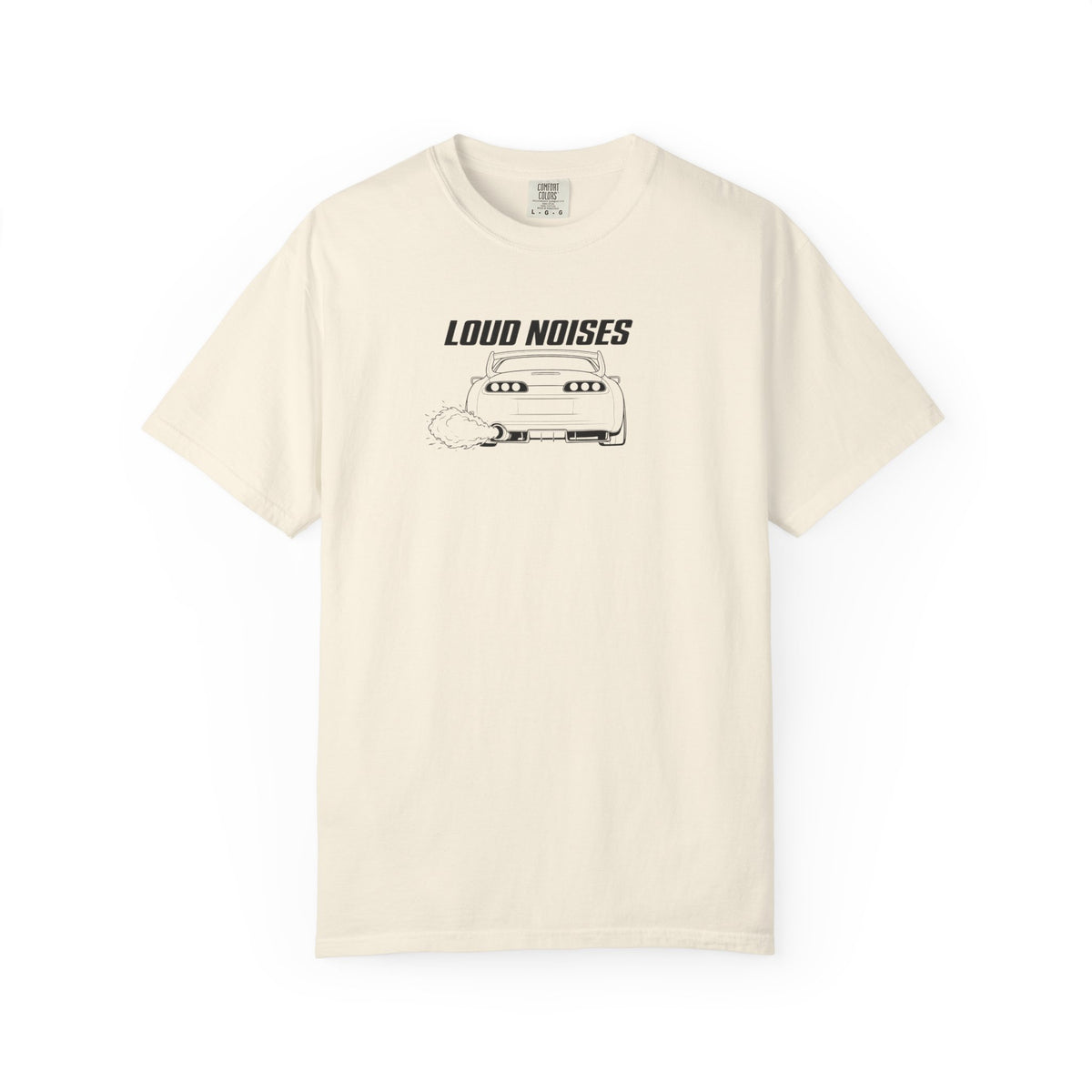 Ivory T-shirt with front 'Loud Noises' graphic illustration