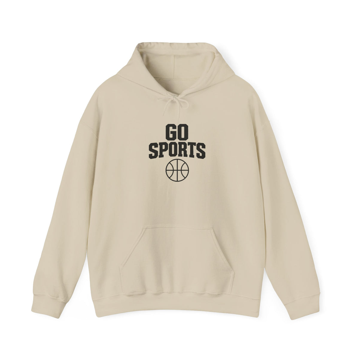 Sand basketball hoodie with 'Go Sports' logo and front pouch pocket