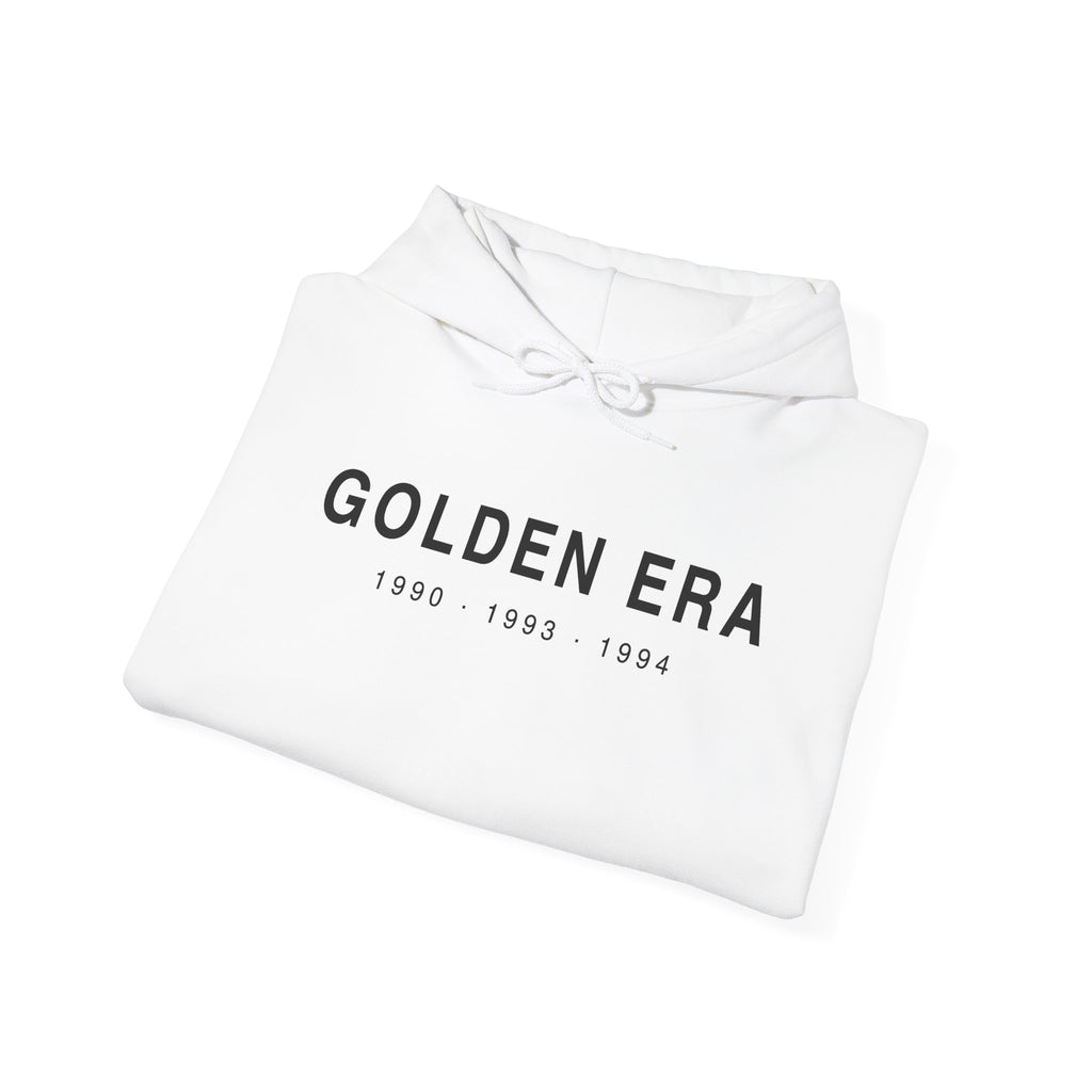White pullover hoodie with Golden Era text and 1990–1994 graphic on front