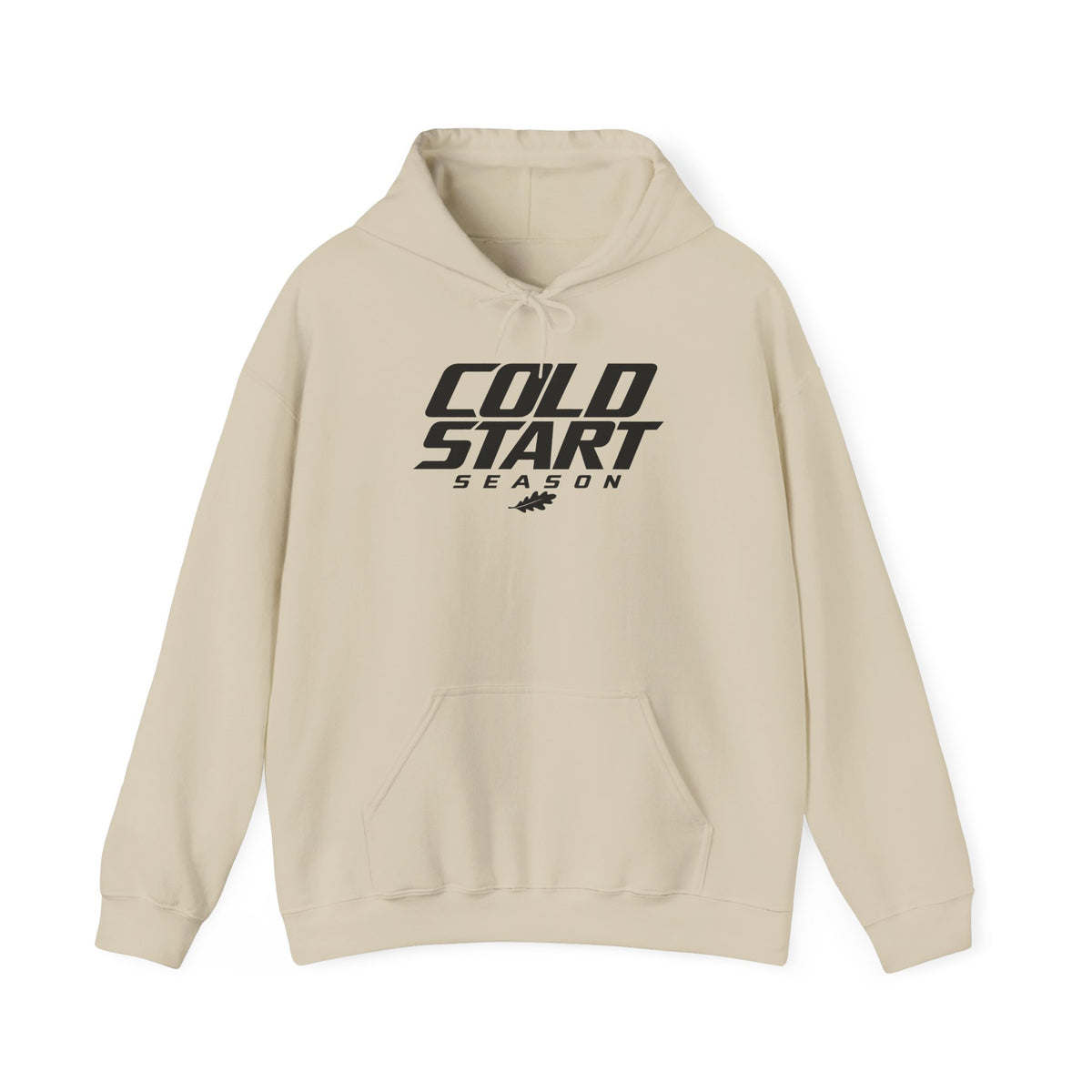 Sand-colored pullover hoodie with front Cold Start Season graphic and kangaroo pocket
