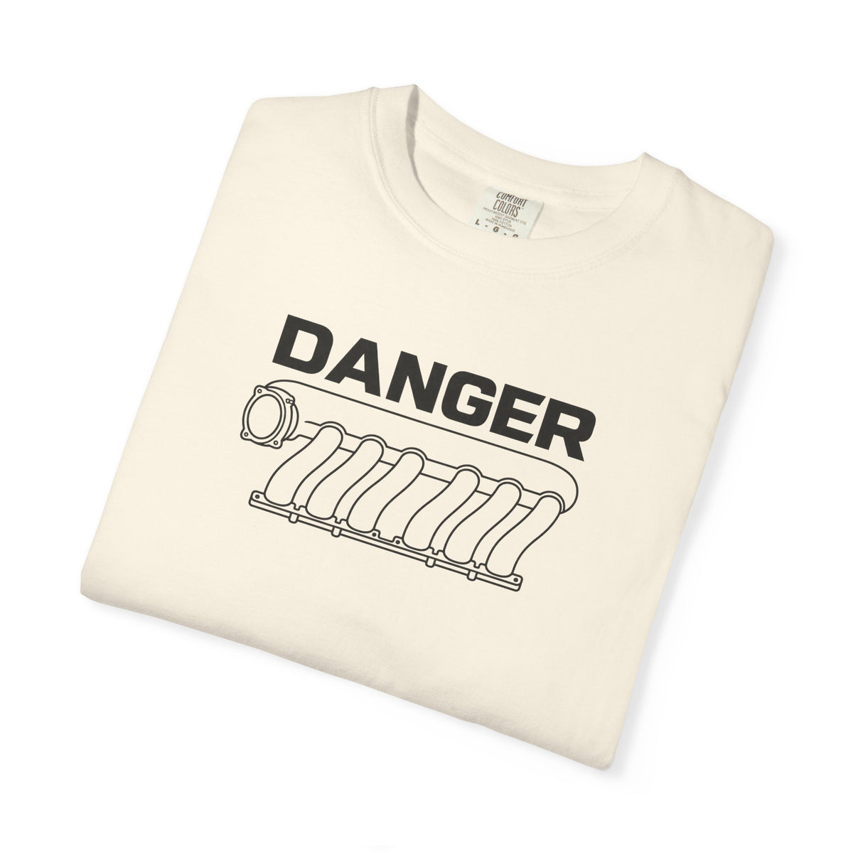 Ivory crewneck T-shirt with "DANGER" intake manifold graphic on chest