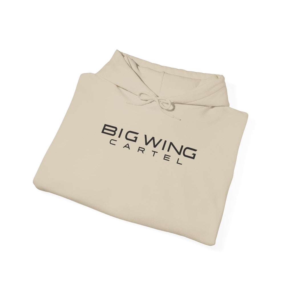 Beige Big Wing Cartel hoodie, folded with front chest logo and drawstring hood