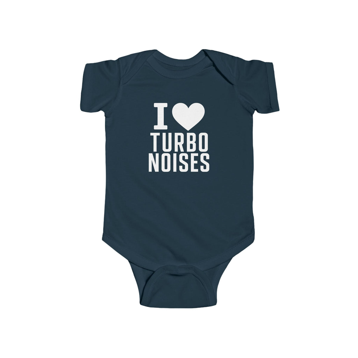 Navy baby bodysuit with I ♥ TURBO NOISES graphic