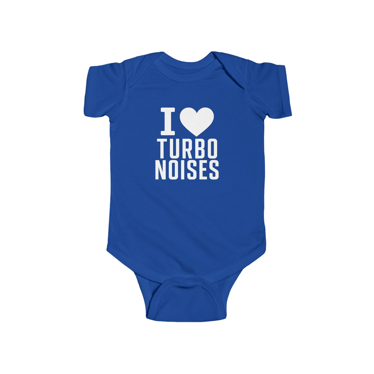 Royal blue baby bodysuit with I ♥ TURBO NOISES graphic