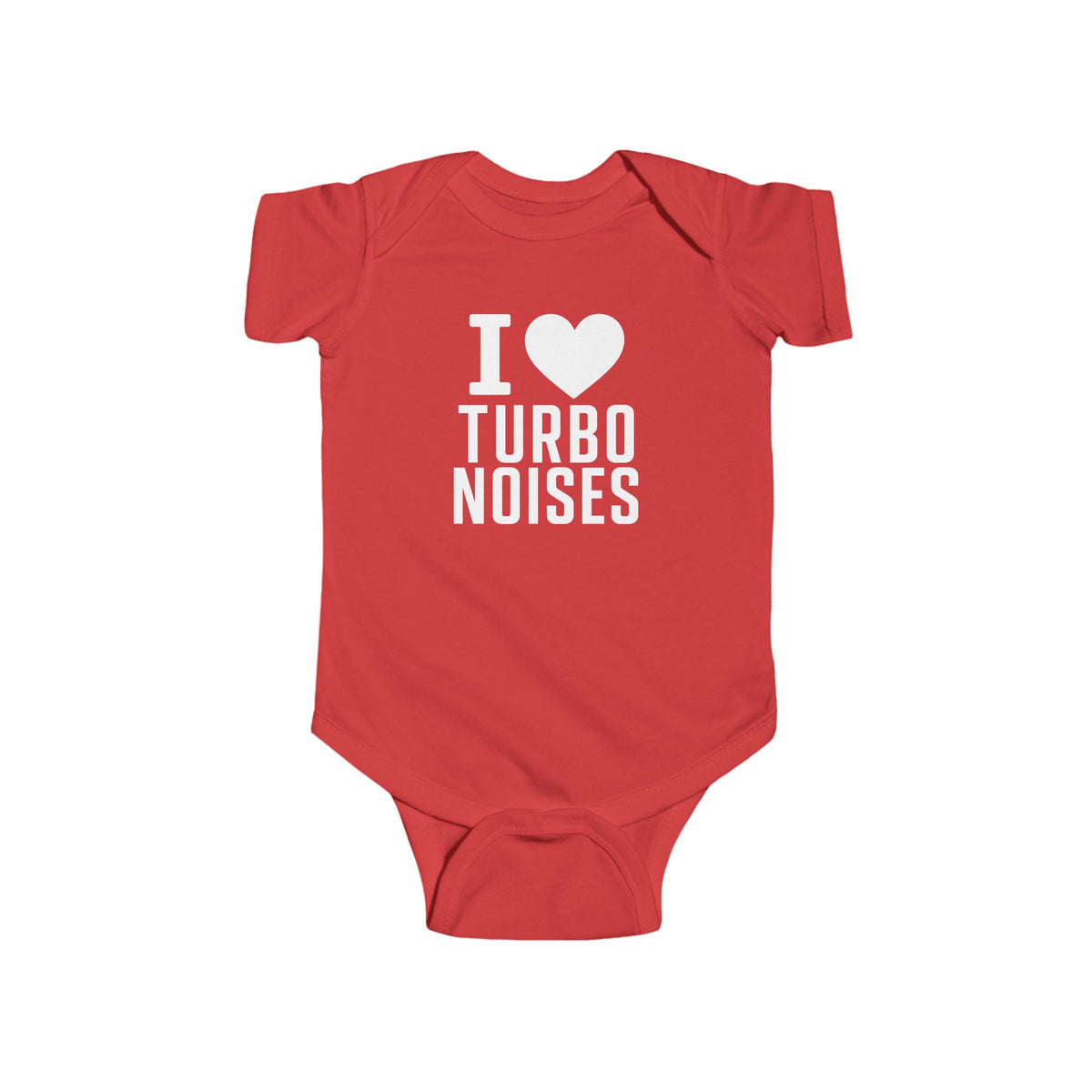 Red baby bodysuit with I ♥ TURBO NOISES graphic