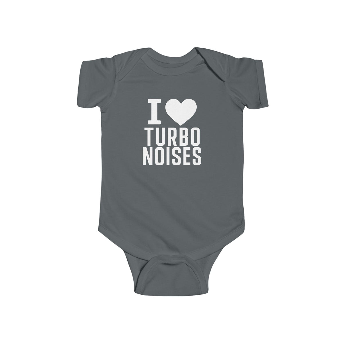 Charcoal baby bodysuit with “I heart TURBO NOISES” graphic on the front