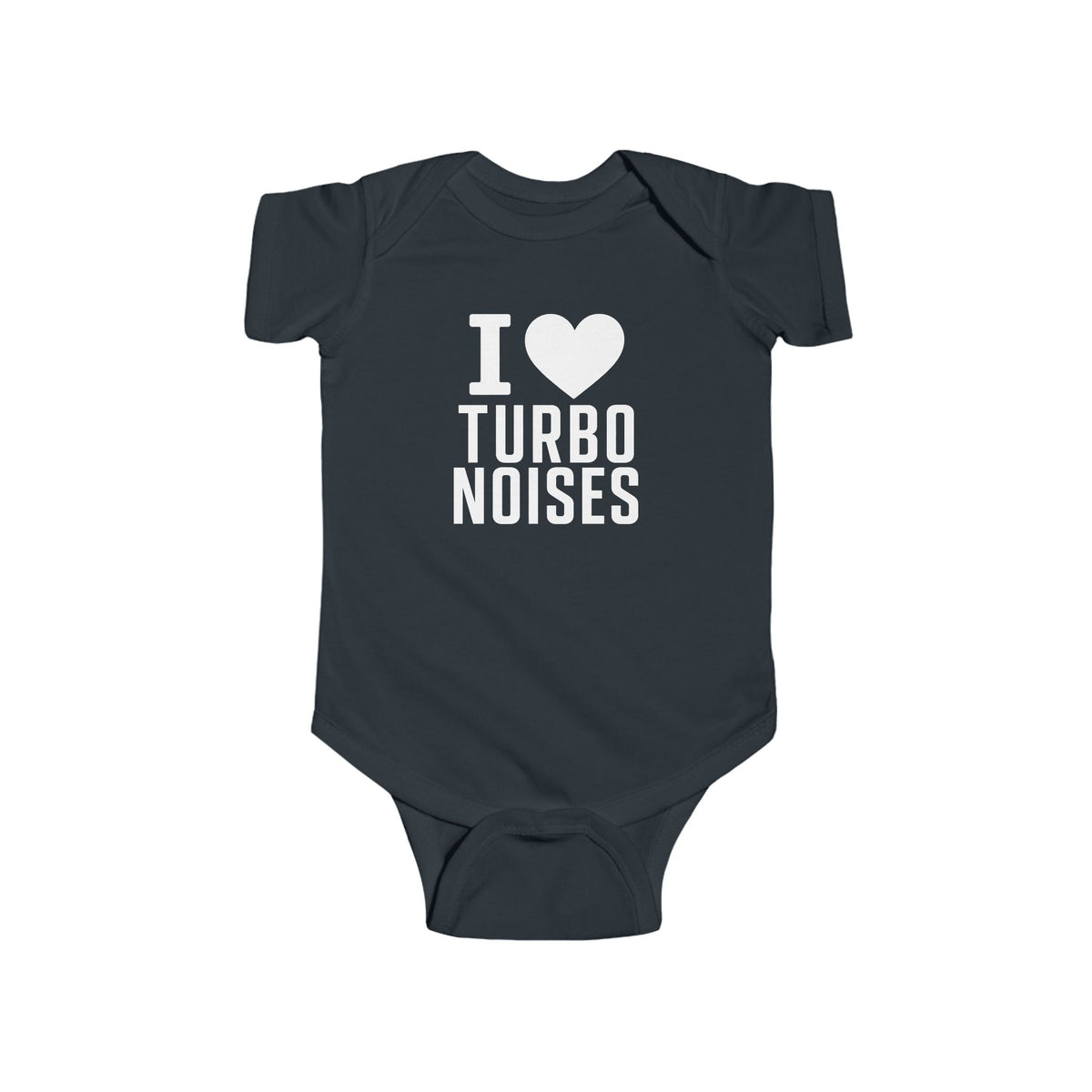 Black baby bodysuit with I ♥ TURBO NOISES graphic