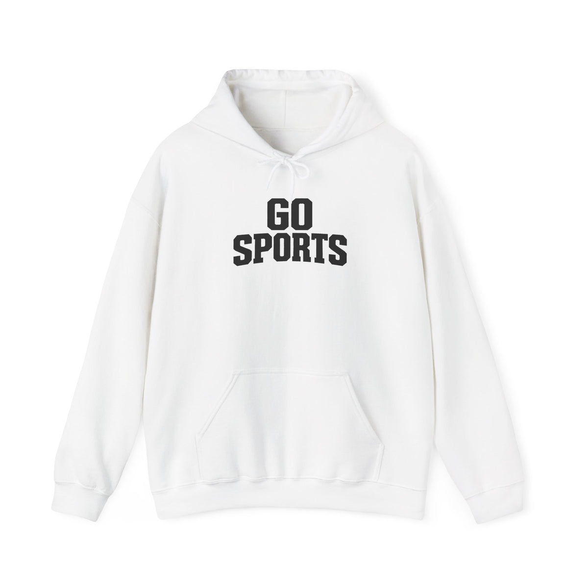 White hoodie with front hood, pouch pocket, and GO SPORTS logo print