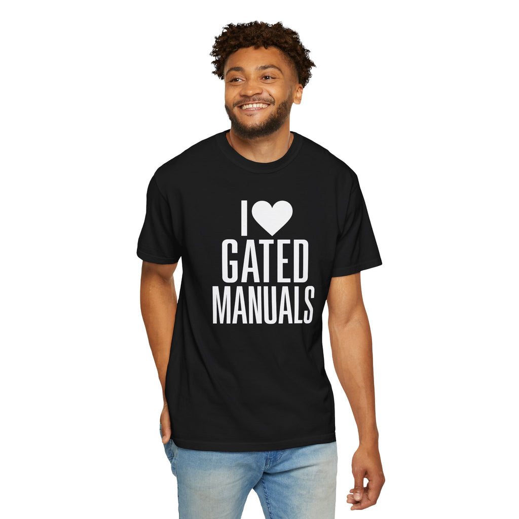Black crew-neck T-shirt with "I ♥ GATED MANUALS" graphic on model
