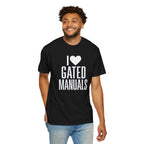 Black crew-neck T-shirt with "I ♥ GATED MANUALS" graphic on model