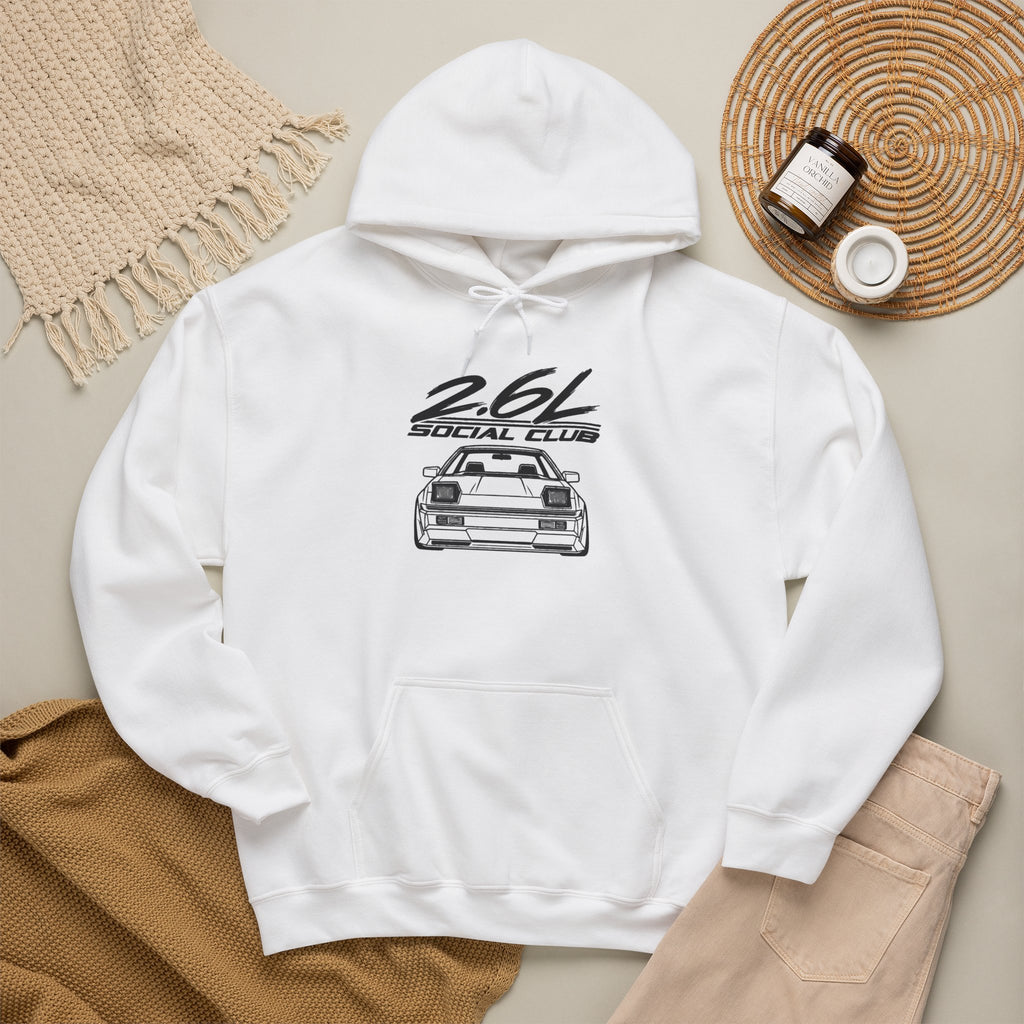 White pullover hoodie with front “2.6L Social Club” car graphic and kangaroo pocket