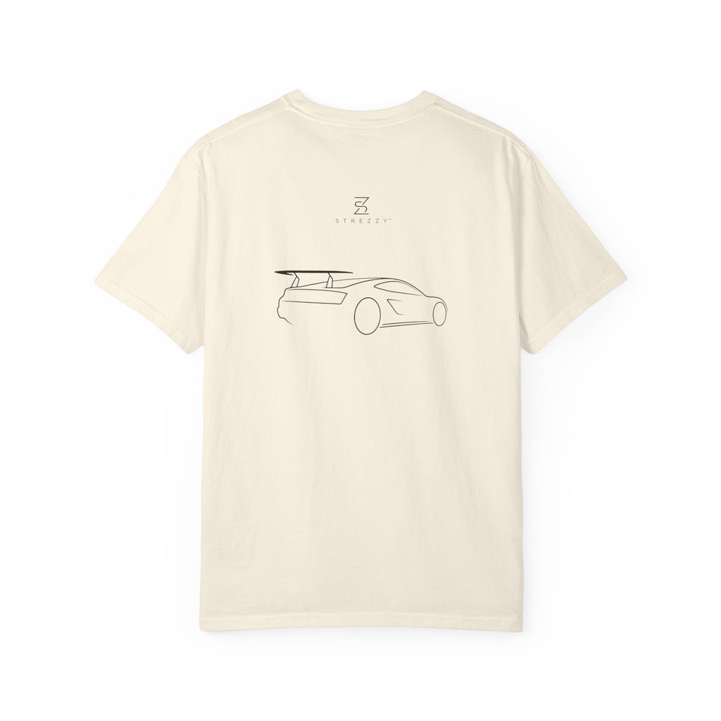 Ivory crew-neck graphic T-shirt with car line art on the back