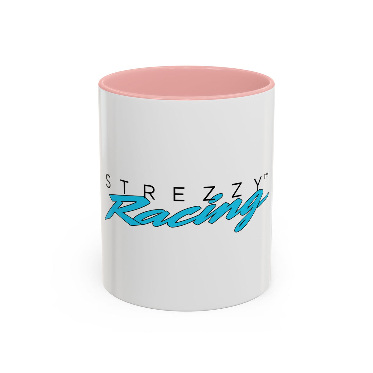 Racing accent mug with pink interior and rim, white body, blue “Racing” graphic