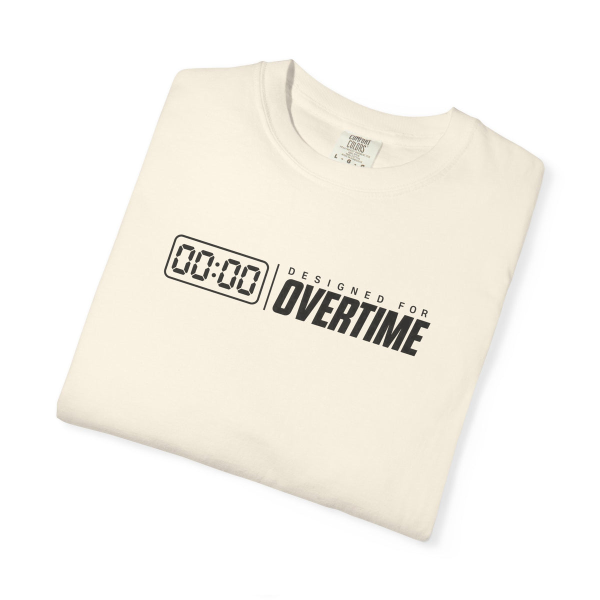 Ivory graphic T-shirt with OVERTIME text and clock-style icon, close-up