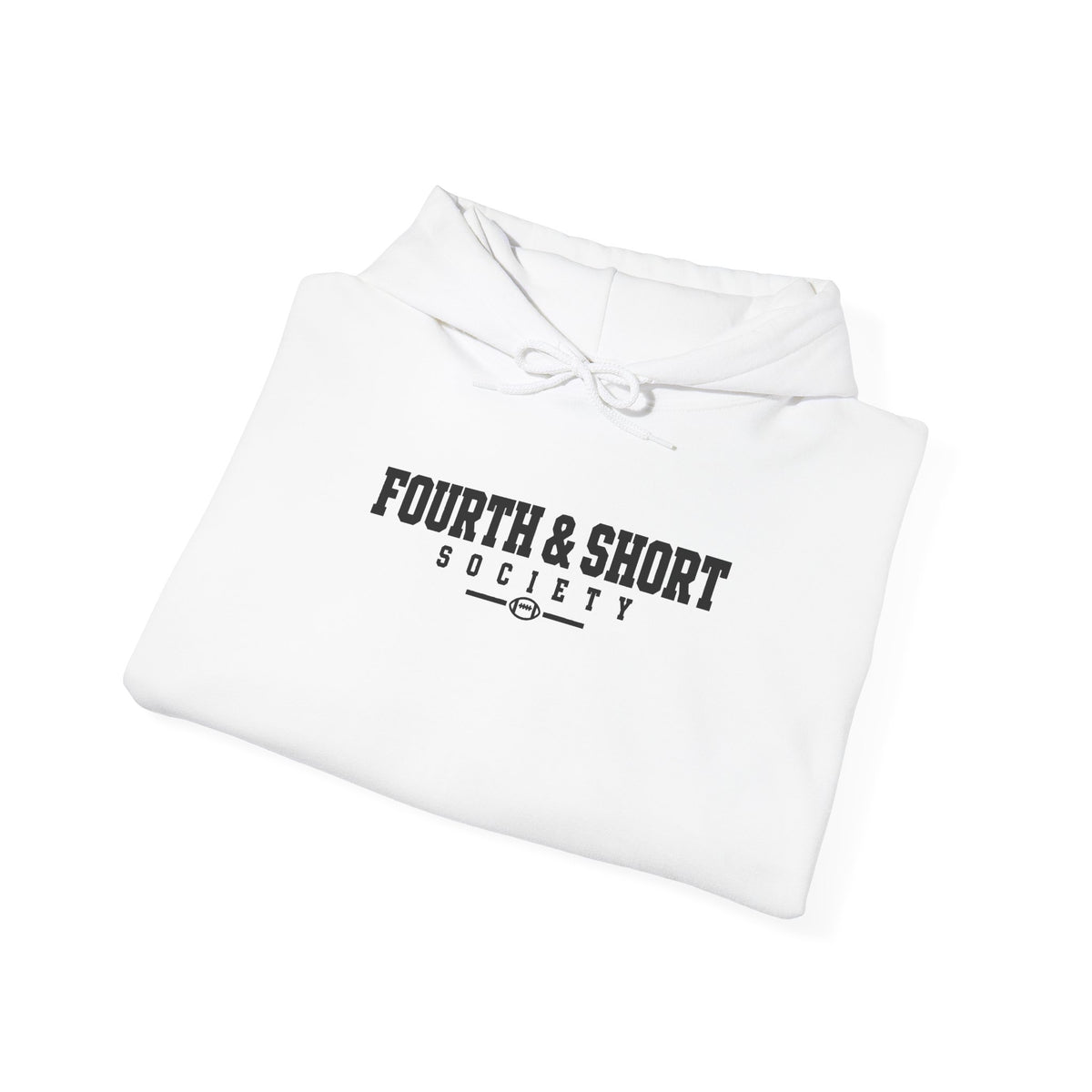 White football hoodie folded with drawstring hood and "FOURTH & SHORT" logo on chest