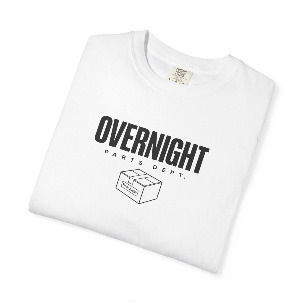 White T-shirt with OVERNIGHT parts dept. logo graphic across the chest