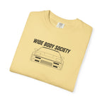Butter yellow JDM T-shirt with 'WIDE BODY SOCIETY' car graphic on front