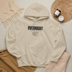 Sand hoodie with front Overnight logo, hood drawstrings, kangaroo pocket