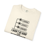 Ivory crew-neck T-shirt with TARMAC, GRAVEL, SNOW graphic on front.
