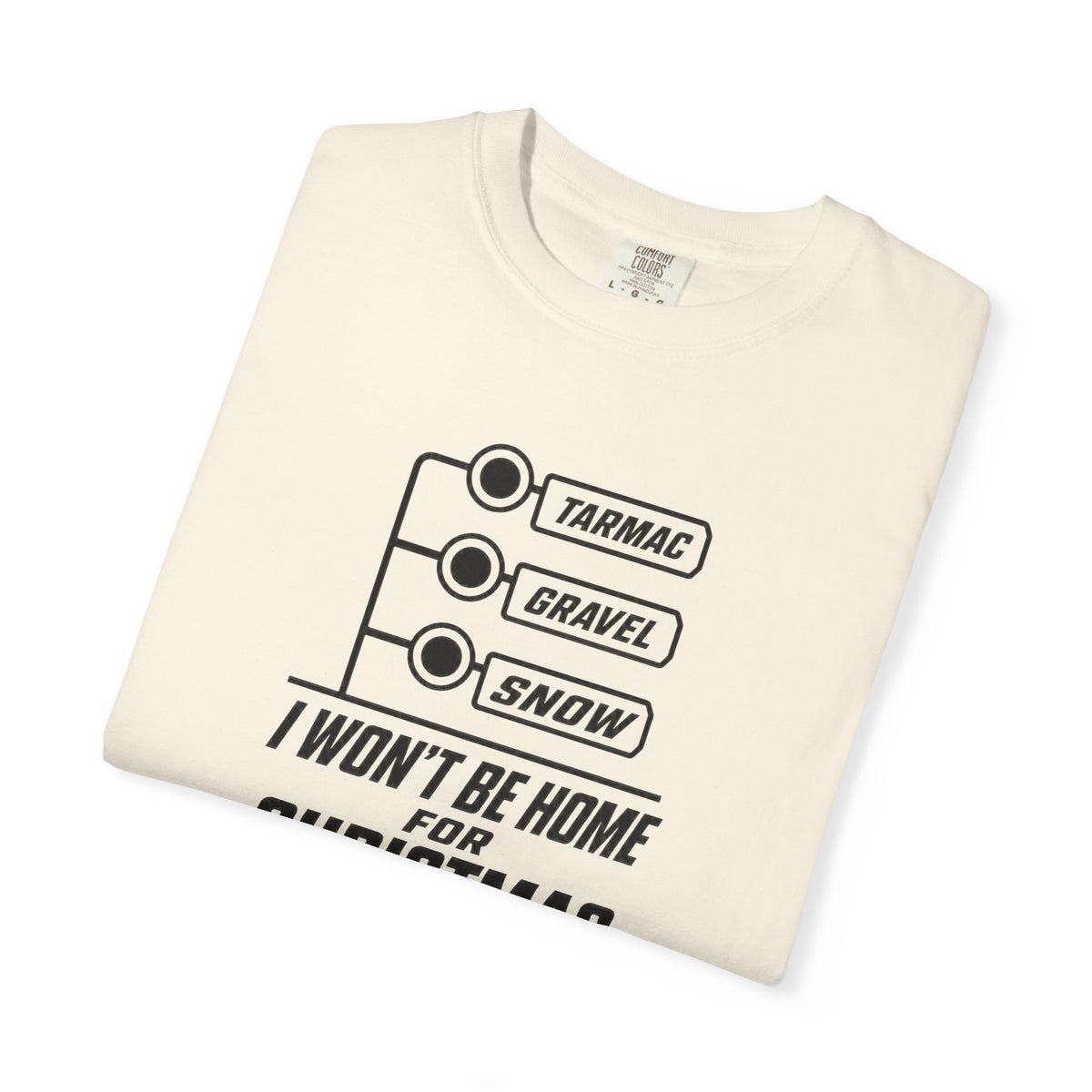Ivory crew-neck T-shirt with TARMAC, GRAVEL, SNOW graphic on front.