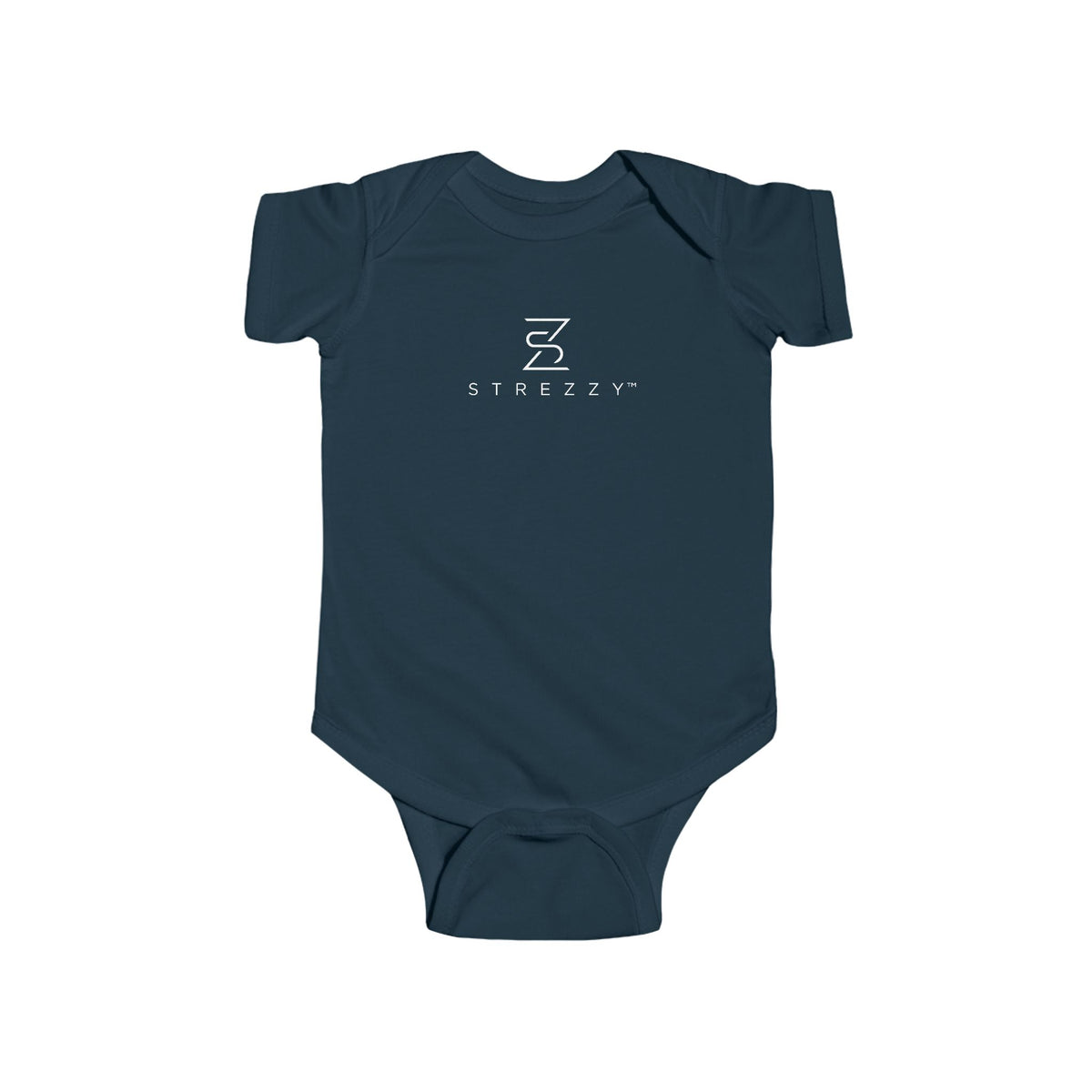 Dark navy short-sleeve baby bodysuit with Strezzy logo on chest