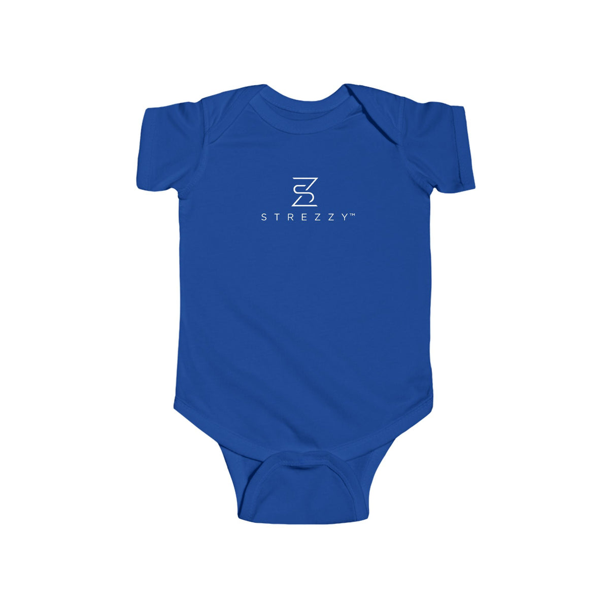 Royal blue short-sleeve baby bodysuit with Strezzy logo on chest