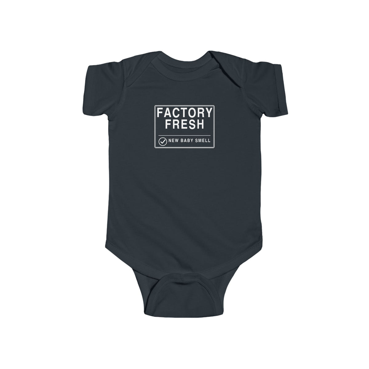 Black short-sleeve baby bodysuit with Factory Fresh logo graphic on front