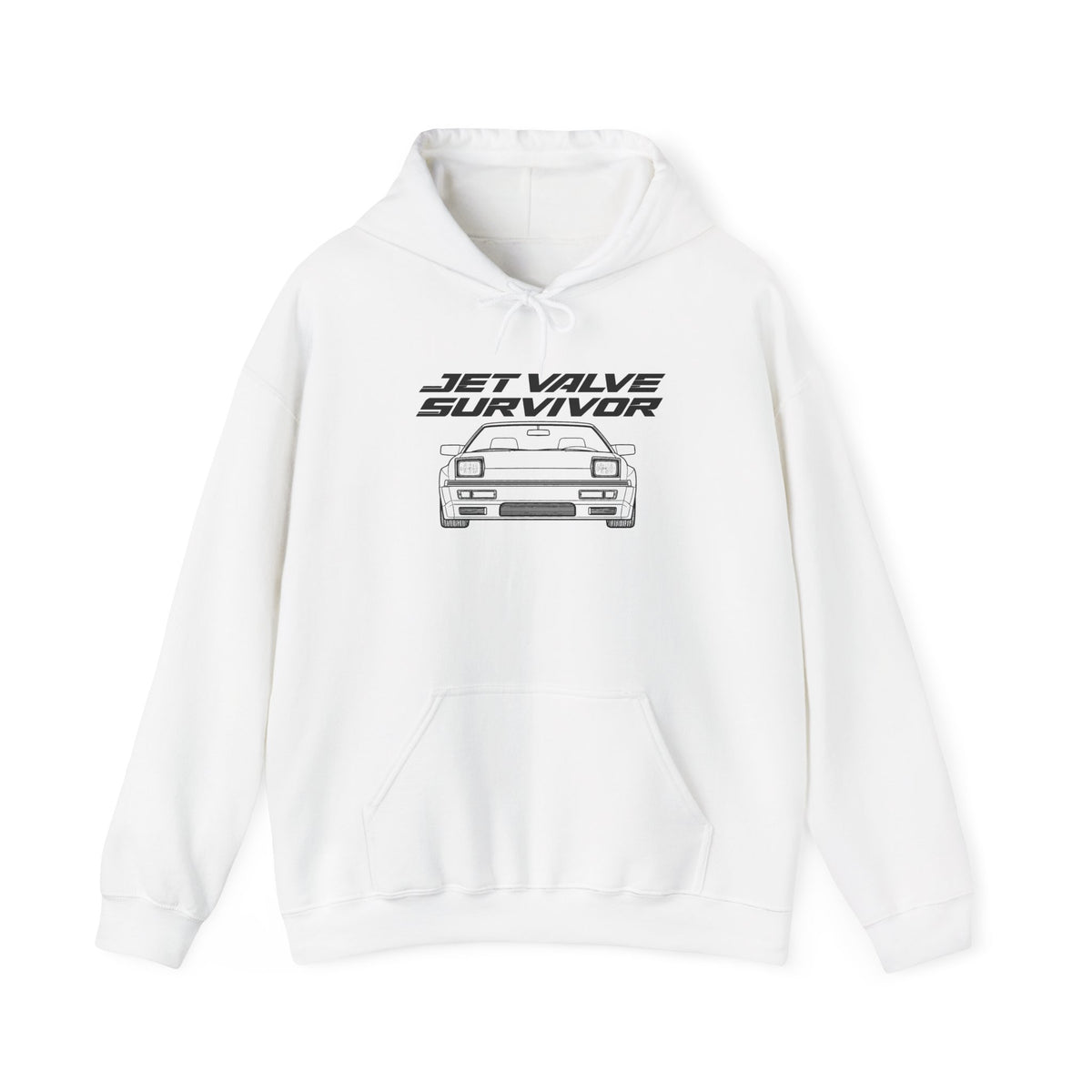 White pullover hoodie with front pocket, drawstring hood, and car graphic print