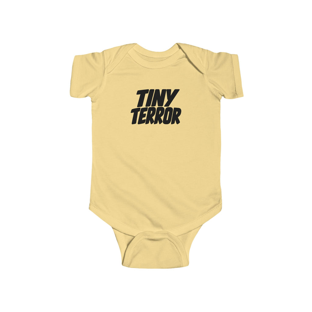 Butter yellow baby bodysuit with 'TINY TERROR' front graphic