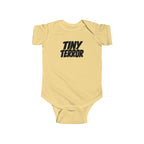 Butter yellow baby bodysuit with 'TINY TERROR' front graphic
