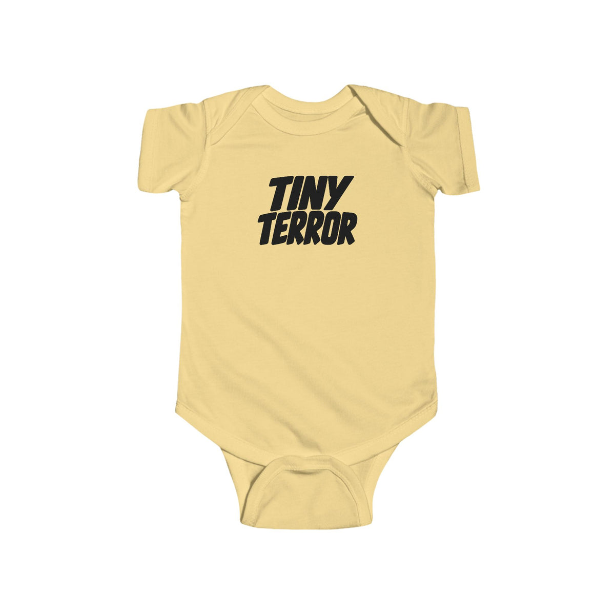 Butter yellow baby bodysuit with 'TINY TERROR' front graphic