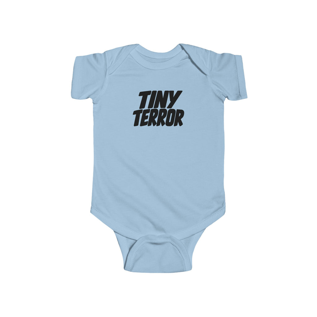 Light blue baby bodysuit with 'TINY TERROR' front graphic