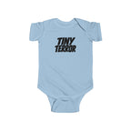 Light blue baby bodysuit with 'TINY TERROR' front graphic