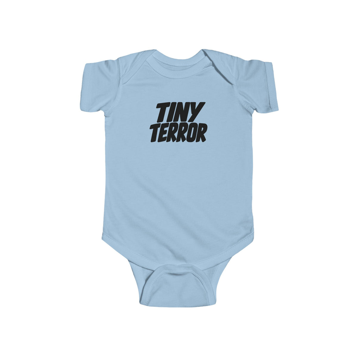 Light blue baby bodysuit with 'TINY TERROR' front graphic