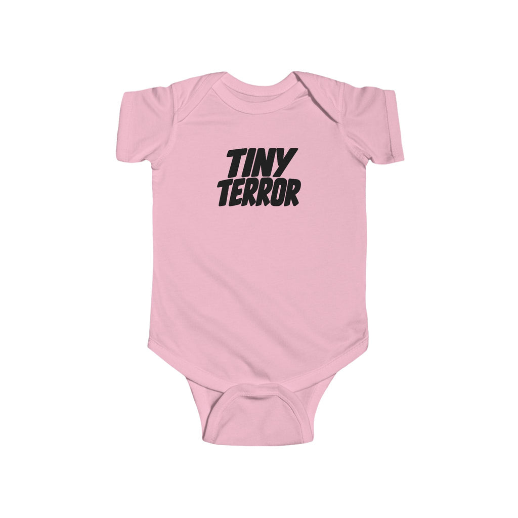 Pink baby bodysuit with 'TINY TERROR' front graphic