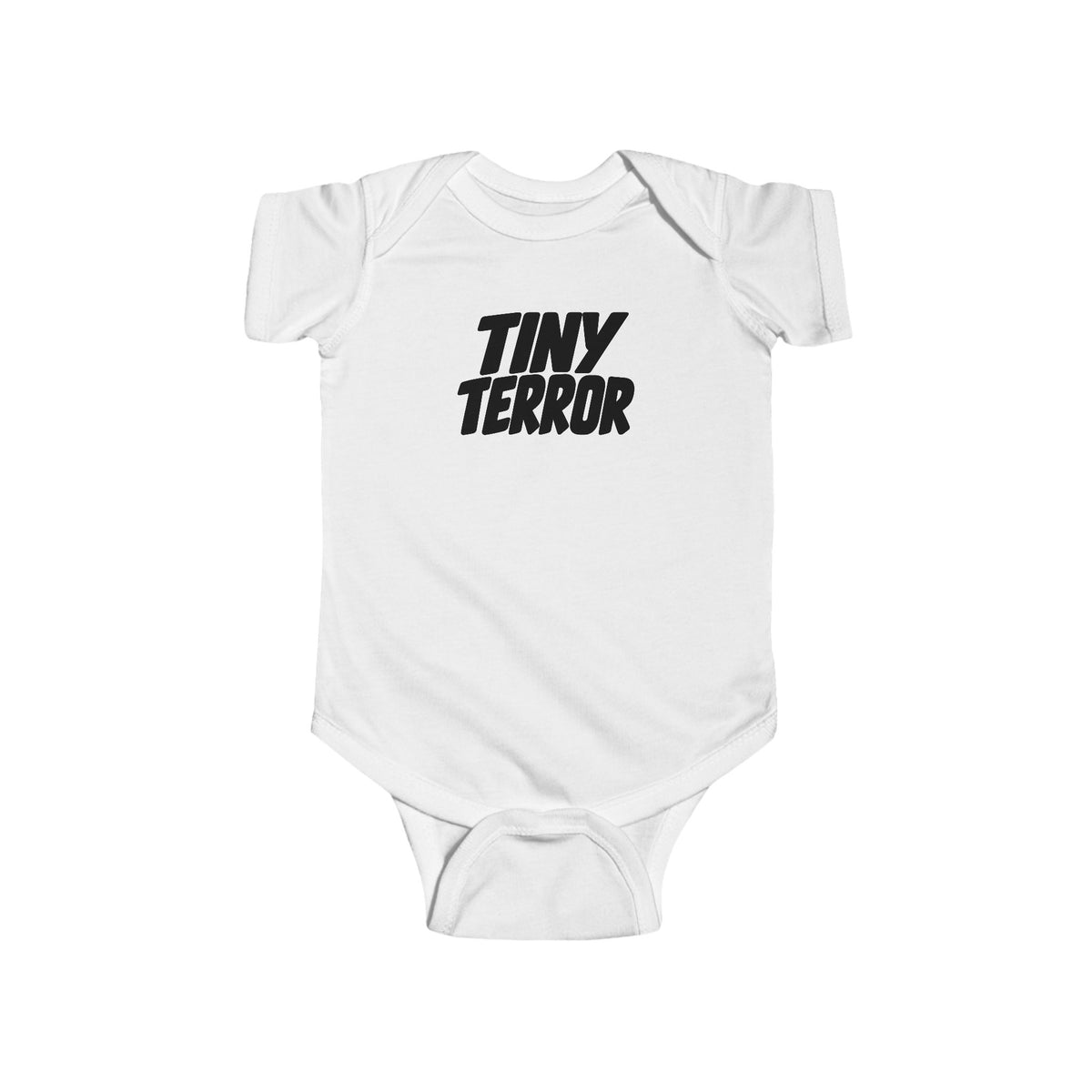 White baby bodysuit with 'TINY TERROR' front graphic