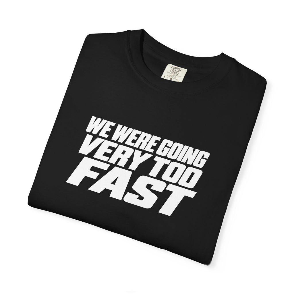 Black T-shirt with large angled slogan graphic in white and dark tones