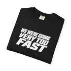 Black T-shirt with large angled slogan graphic in white and dark tones