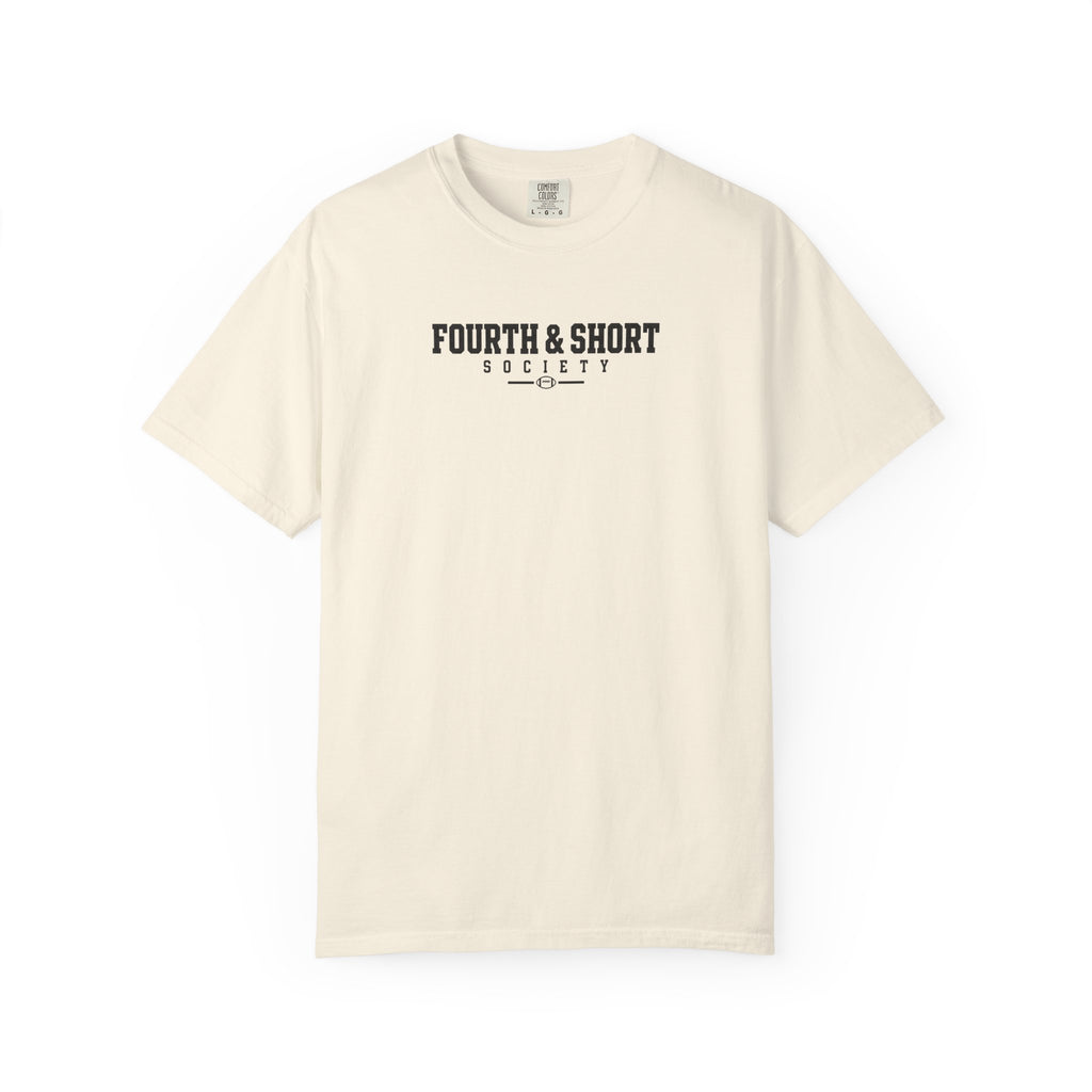 Ivory crew-neck football t-shirt with “FOURTH & SHORT SOCIETY” chest logo graphic.