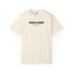 Ivory crew-neck football t-shirt with “FOURTH & SHORT SOCIETY” chest logo graphic.