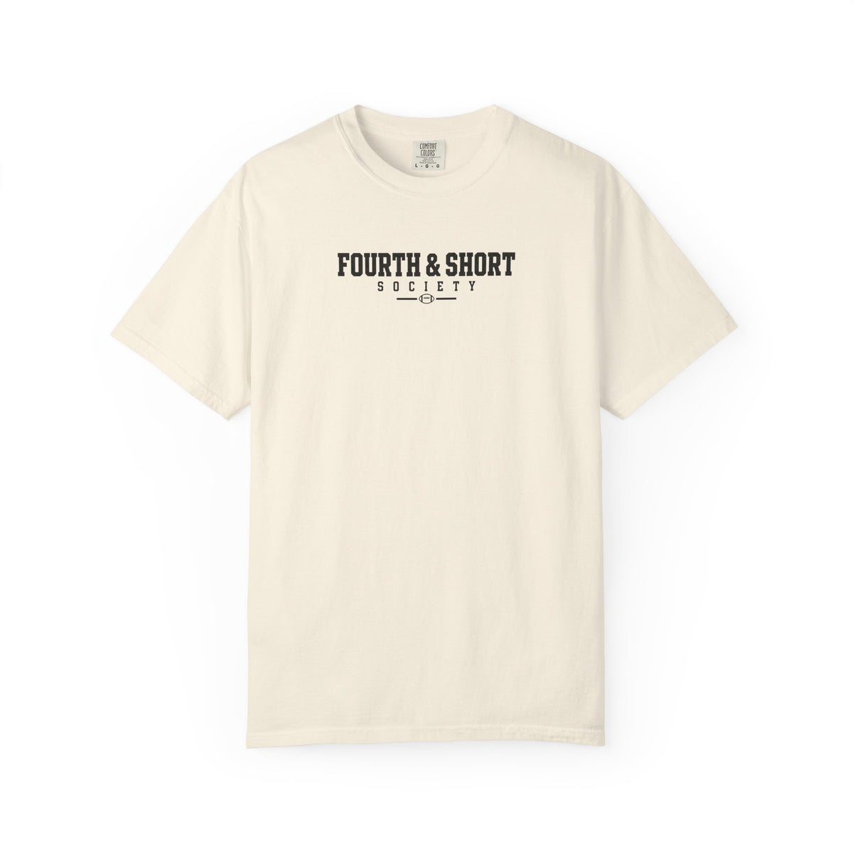 Ivory crew-neck football t-shirt with “FOURTH & SHORT SOCIETY” chest logo graphic.