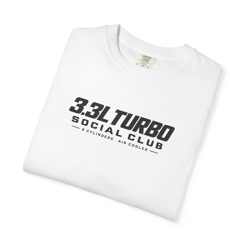 White T-shirt front graphic reading '3.3L TURBO SOCIAL CLUB'