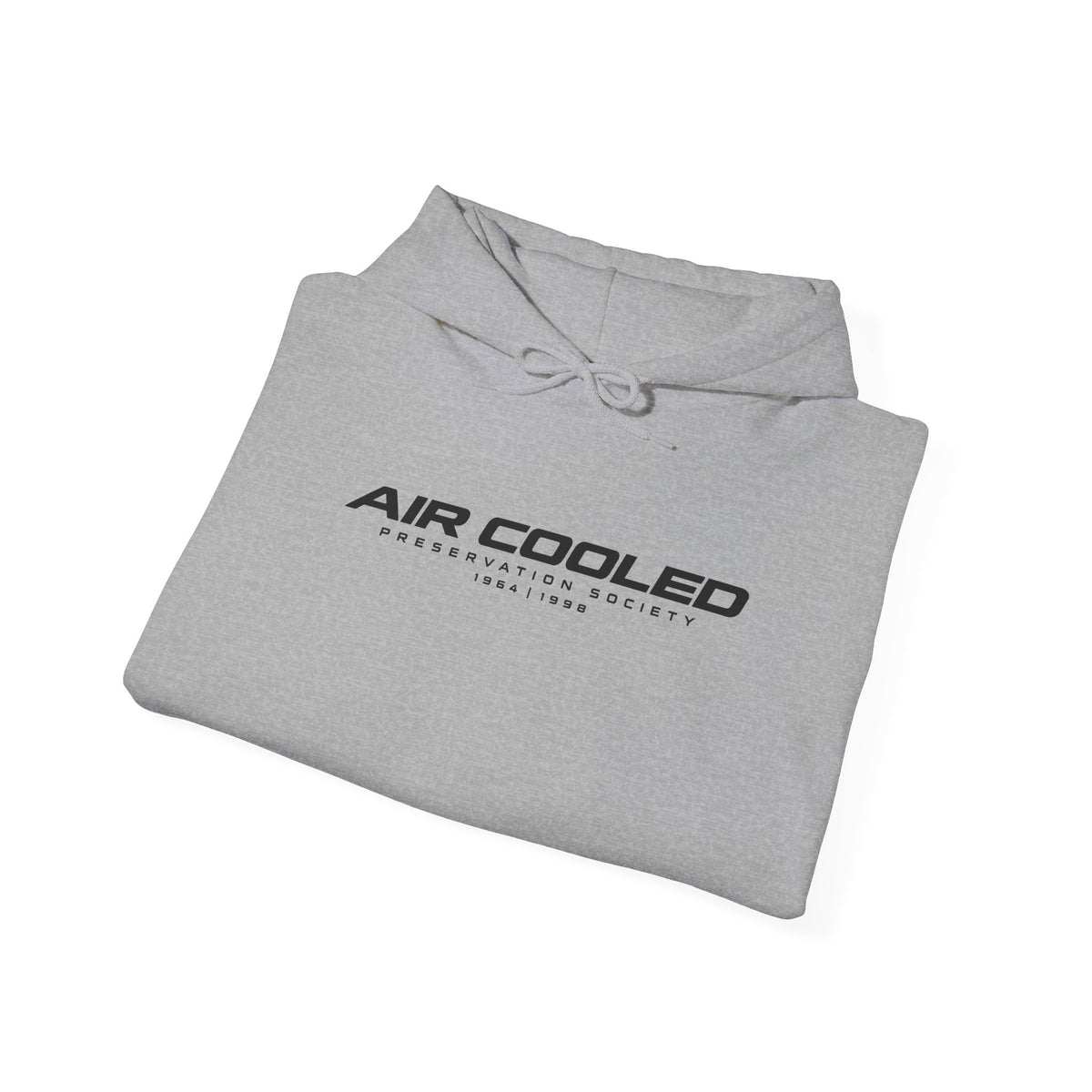 Sport grey pullover hoodie folded with hood drawstrings and front “AIR COOLED” logo