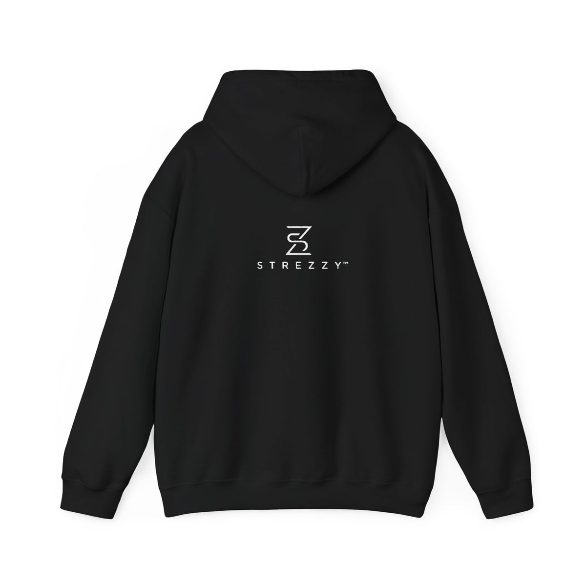 Black Strezzy logo pullover hoodie from back view with drawstring hood